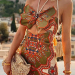 Rosalyn Unique Print 3D Butterfly Cutout Tassle Strap Halter Maxi Dress