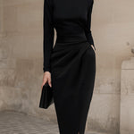 Sleek Black Turtleneck Draped Midi Dress