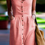 Margovil Buttons U Neck Sleeveless Striped Dress with Pockets
