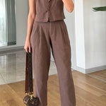 Casual Solid Lapel Vest & Pants Cotton Linen Two-piece Set