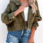 Green Large Pockets Casual Hooded Cropped Denim Jacket