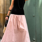 Black Sleeveless Knitted Top with Pink Loose Hem Long Dress