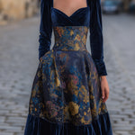 Velvet Bodice Printed Midi Dress With Long Sleeves