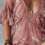 Bohemian Floral Print Chiffon Blouse With Lace And Ruffles