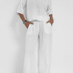 Linen Blend Solid Color Casual Round Neck Top and Loose Wide-leg Pants Set