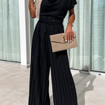 Ivy Cowl Neck Short Sleeve Belt Pleated Loose Wide Leg Jumpsuit