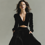 Women's Stylish Black Velvet V-neck Long-sleeved Crop Top Paired With A Long Skirt Set