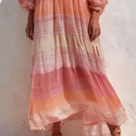 Boho Sunset Stripe Off-Shoulder Tiered Chiffon Maxi Dress With Smocked Waist