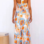 Tie Knot Halter Backless Floral Printed Maxi Holiday Dress