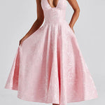Margovil Halter V Neck Waisted Jacquard Swing Midi Party Dress