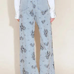 Jhenie Denim Beaded Sequin Floral Pattern Mid Rise Pocket Wide Leg Jeans