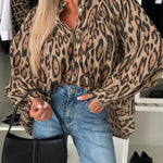 Light Beige Leopard Print Balloon Sleeve Loose Blouse