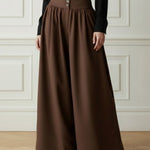 Elasticated Waist High Waisted Buttoned Pleated Solid Color Split-Joint Pants