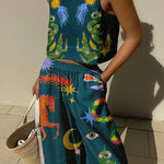 Island Dreaming Linen Blend Unique Print Tank and Elastic Waist Pocketed Pants Set
