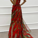 Amazing Views Watercolor Print Feather Rose Detail Off Shoulder Pleated Slit Maxi Dress
