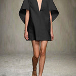 Half Sleeves Loose Solid Color Deep V-Neck Mini Dresses