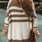 Stripe V Neck Buttoned High Low Cardigan
