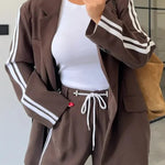 Levvie Striped Trim Long Sleeve Lapel Blazer and Rope Belt Pocketed Wide Leg Pants Set