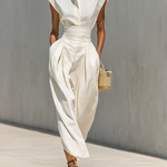 Women's Pure Cotton Lapel Cap Sleeves Waist Maxi Dress