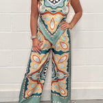 Fashion print suspenders open back tie top + straight pants set