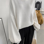 Stretch Mohair-Blend Balloon Sleeves Loose Solid Round-Neck Sweater Tops
