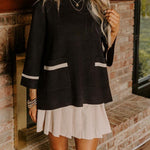Class Act Knit Contrast Color Trim Mock Neck Pockets Sweater