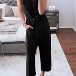 Buttoned Sleeveless Cropped Jumpsuit With Sash