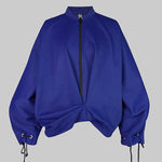 Loose Puff Sleeves Asymmetric Split-Joint Zipper Stand Collar Outerwear