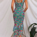Margovil Mesh Overlay Ruched Floral Bodycon Midi Cami Dress