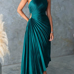 Margovil One Shoulder Cut Out Waist Pleated Satin Maxi Dress