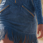 Retro Western Style Zippered Collar Blue Fringed Faux Suede Mini Dress