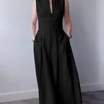 A-Line Loose Pleated Pockets Split-Joint Zipper Round-Neck Maxi Dresses