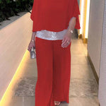 Stylish Sequin Patchwork Dolman Sleeve Top and Elastic Waist Wide Leg Pants Set
