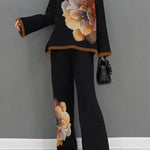 Flared Sleeves Long Sleeves Flower Print Split-Joint Mock Neck T-Shirts Tops