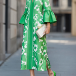 Flared Sleeves Loose Flower Print Pleated Pockets Split-Side V-Neck Maxi Dresses