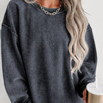 Solid Ribbed Round Neck Pullover Sweatshirt