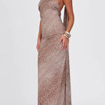 Slant-shoulder Leopard Print Halter Back Maxi Dress