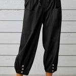 Loose casual button down cropped cotton linen trousers wide leg
