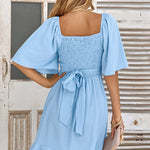 V-neck solid color waist ruffled summer dress