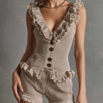 Vintage Elegant Two-Tone Ribbed Knit Ruffle Two-Piece Set