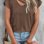 Solid Color Casual Cutout Neck T Shirt