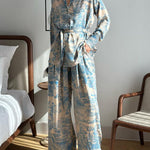 Long Sleeves Buttoned Printed Tied Waist Notched Collar Shirts Top + High Waisted Pants Bottom Two Pieces Set