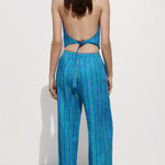 Linen Blend Striped Button Halter Backless Vest and Elastic Waist Pocket Pants Set