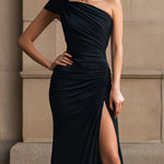One-Shoulder Ruched High-Slit Evening Gown