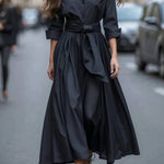 Elegant Long-sleeved Shirt-style Tie Maxi Dress
