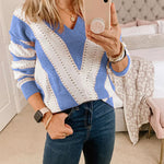 V Neck Stripe Color Block Loose Oversized Pullover Sweater