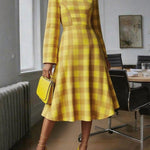 A-Line High Waisted Contrast Color Plaid High Neck Midi Dresses