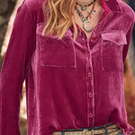 Retro Lapel Collar Button Pockets Detail Long Sleeve Velvet Blouse
