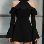 Cold-Shoulder Ruffled Mini Dress With High Neck
