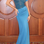Jacquard Patchwork Ruched Slim Fit Sleeveless Maxi Dresses-Blue